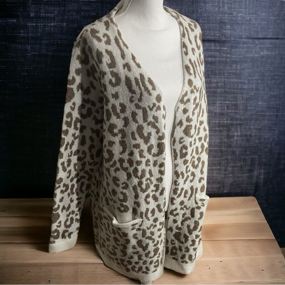 Cream & Tan Animal Print Pocketed Open Front Cardigan - Picture 1 of 7